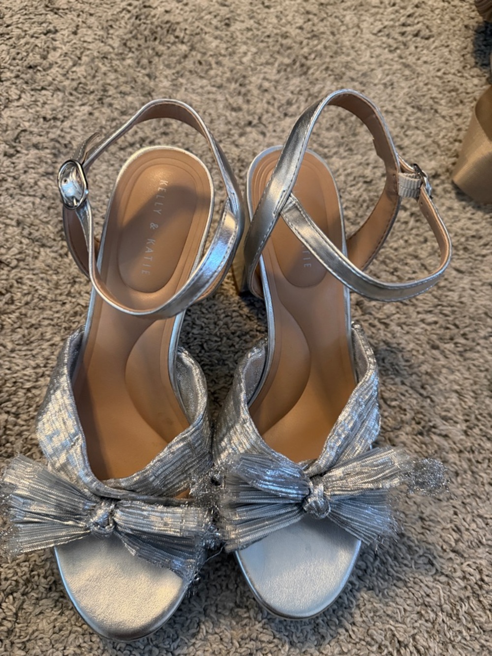 Kelly & Katie Metallic Silver Bow Ankle-Strap Heels